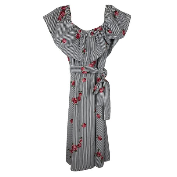 Calvin Klein Stripe and Rose Off The Shoulder Dress with Tie Waist - 2 - Picture 2 of 6